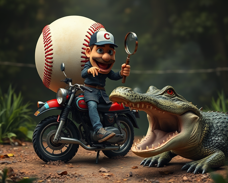 baseball, puppet, motorcycle, magnifying glass, crocodile